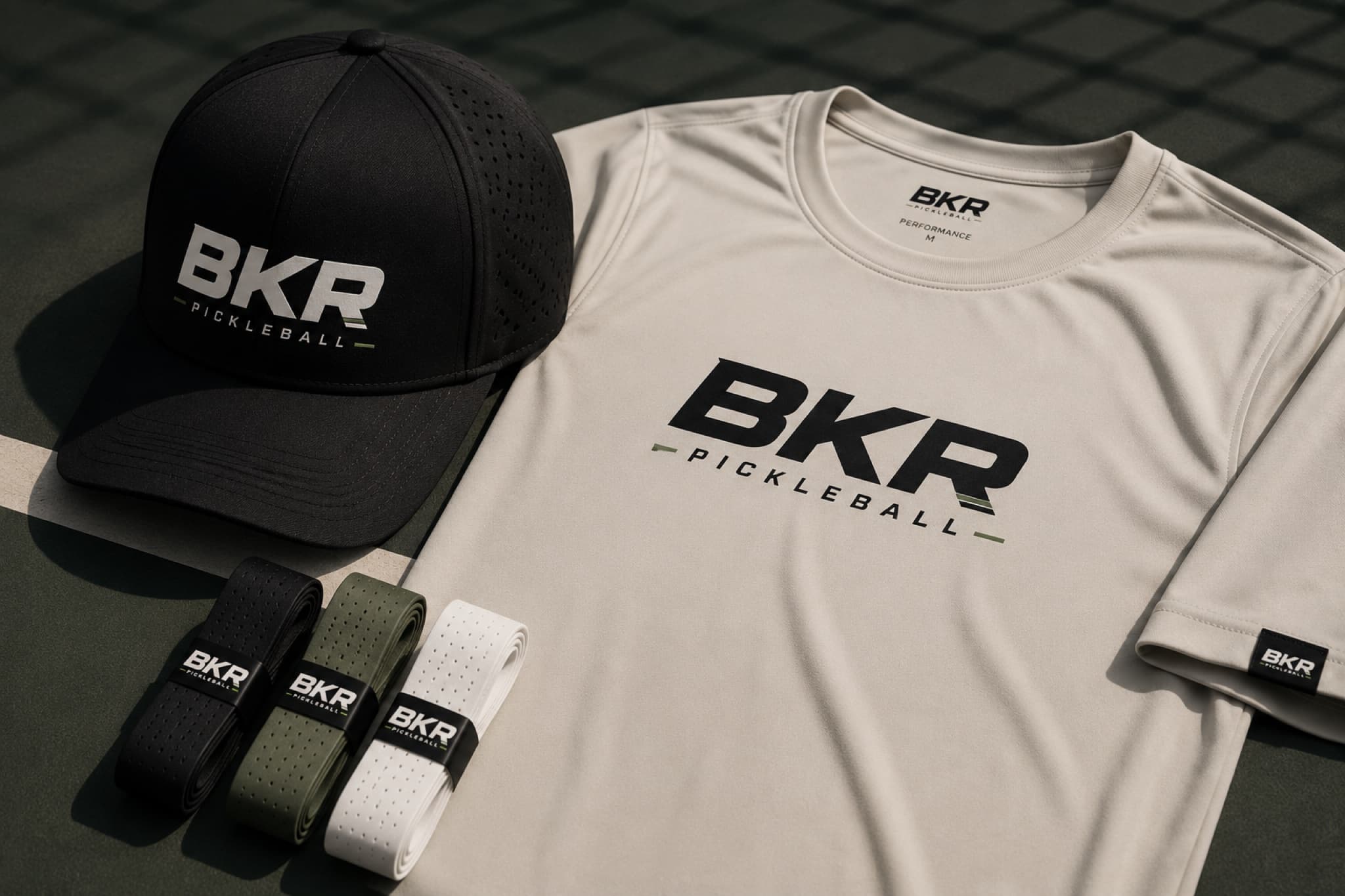 Bone BKR performance tee with cap and overgrips on a dark olive court